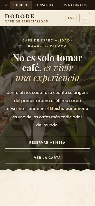 El mismo sitio de Doboré en un teléfono, con el menú y las experiencias adaptados a pantalla pequeña.